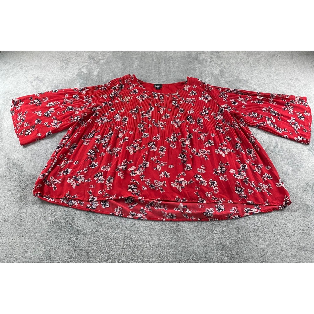 Simply Emma Red Floral Micro Pleated Bell Slv Blouse Top‎ Womens 1X Boho Relaxed
